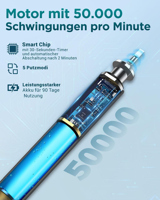 Elektrische Zahnbürste für Erwachsene und Kinder - Schallzahnbürste, Electric Toothbrush mit 8 Bürstenköpfen (3 Typen), 90 Tagen Akkulaufzeit, 5-Modi, 50000VPM, Reiseetui, Timer